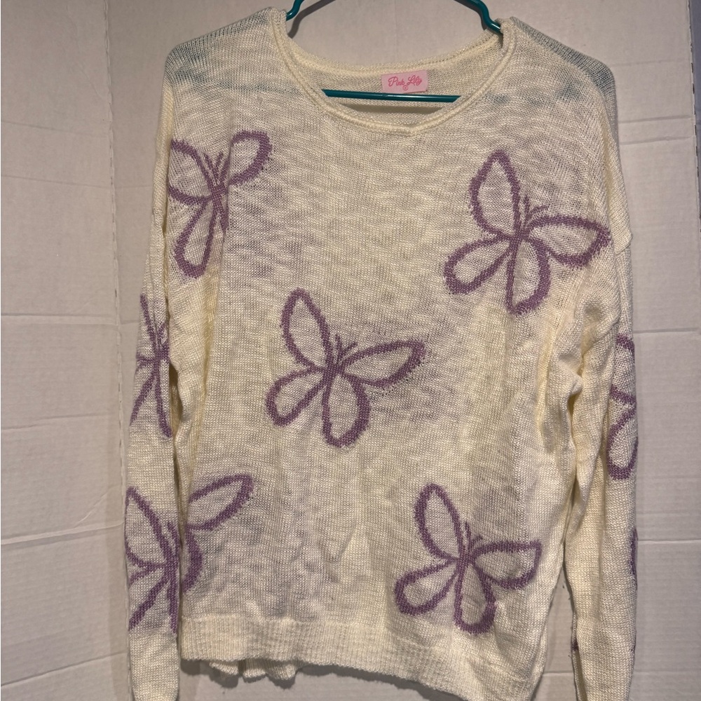 Pink Lily Cream Sweater with Purple Butterfly Motif